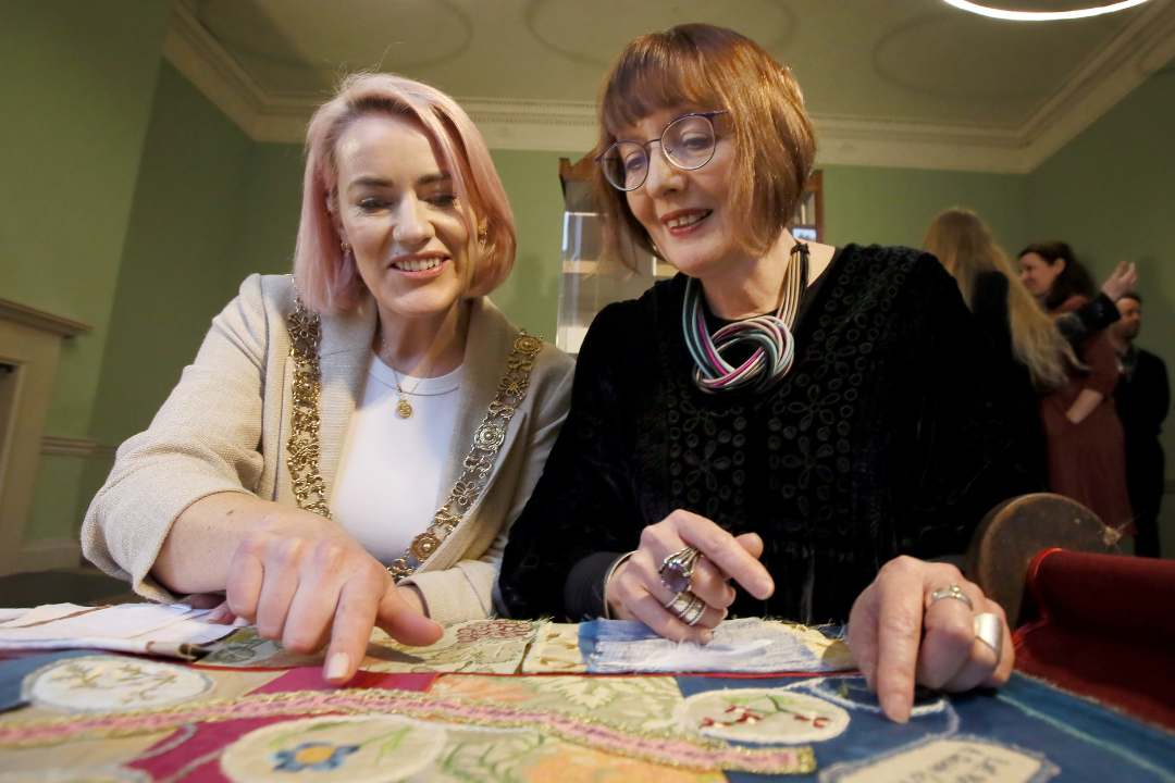 Lord Mayor of Dublin Emma Blain with Artist in Residence Orlagh Meegan-Gallagher at the Threads of Time artwork launch