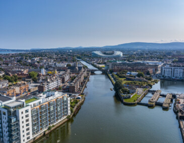 Aerial view Dublin City including Aviva and mountains master