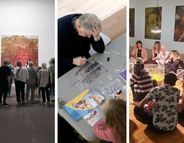 Decorative. A trio of images showing participants at various Culture Club Outings: a painting is explained in the first, people are shown drawing in the second and joining in a discussion in the third.
