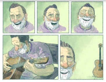 Christy with his guitar. Illustrations by Alan Dunne.