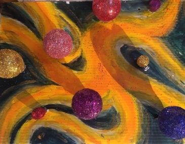 This image is made with recycled materials - lightbulbs and cut up advertising board with acrylic paint and glitter. This piece is meant to suggest what we experienced, what blossomed, what’s budding, and what might come next!