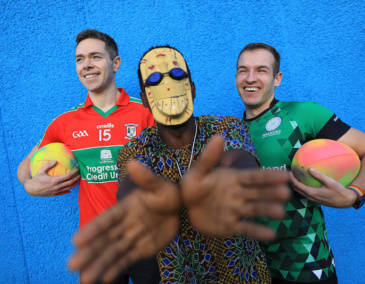 GAA footballer Dean Rock with Artist Chinadum and rugby player Gary at the launch of the Creative Residency in Art and Sport