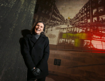 Artist Helen Barry with the Winter Lights artwork at the Civic Offices. Credit: Mark Stedman.