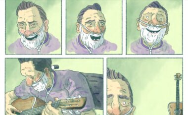 Christy with his guitar. Illustrations by Alan Dunne.