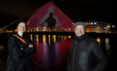 Artists Aoife McAtamney and Steve MacDevitt with the artwork for the Samuel Beckett Bridge. Photo: Mark Stedman