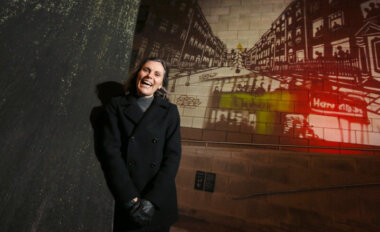 Artist Helen Barry with the Winter Lights artwork at the Civic Offices. Credit: Mark Stedman.