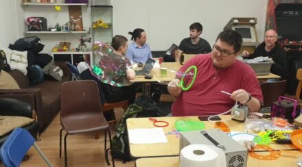 Jeffrey testing a bubble machine at a Tog event