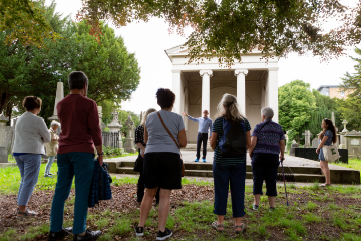 DCCCC website 800 x 540 tour guide Pat Garry shares the history of Goldenbridge Cemetery Inchicore Dublin 8 to a tour group