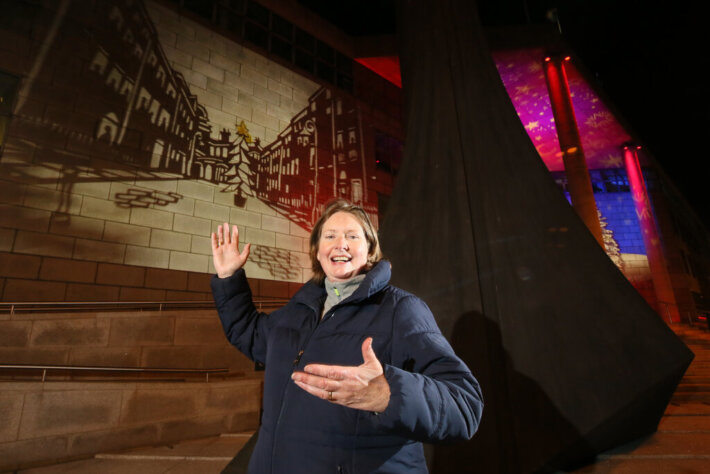 Participant Joan McKeever with the artwork. Photo: Mark Stedman.