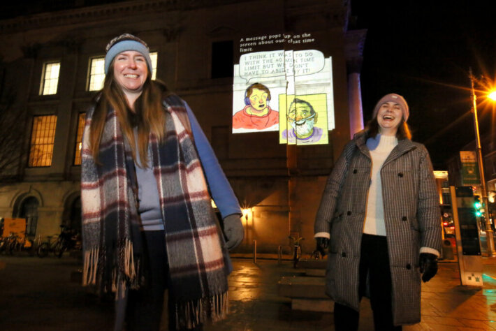 Linda Devlin and Bernie Divilly of Dublin City Council Culture Company at City Hall projection of Home Truths. Photo: Mark Stedman.