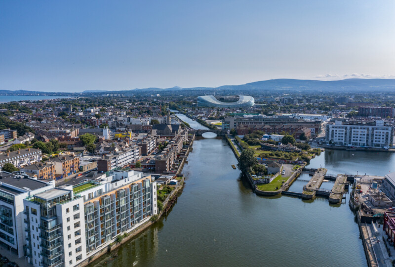 Aerial view Dublin City including Aviva and mountains master
