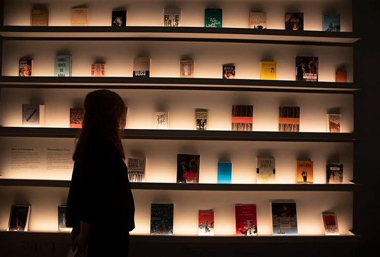 A silhouetted figure standing in front of brightly coloured books, on an illuminated bookshelve.