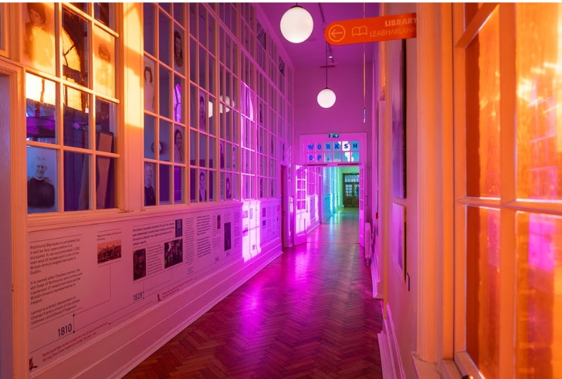 Decorative The corridor in Richmond Barracks is drenched in sunlight pouring through the coloured windows 800x540