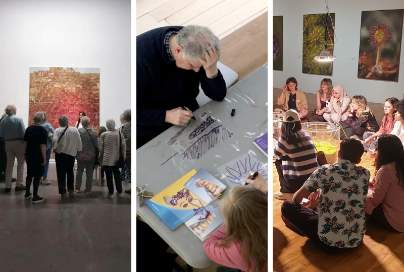 Decorative. A trio of images showing participants at various Culture Club Outings: a painting is explained in the first, people are shown drawing in the second and joining in a discussion in the third.