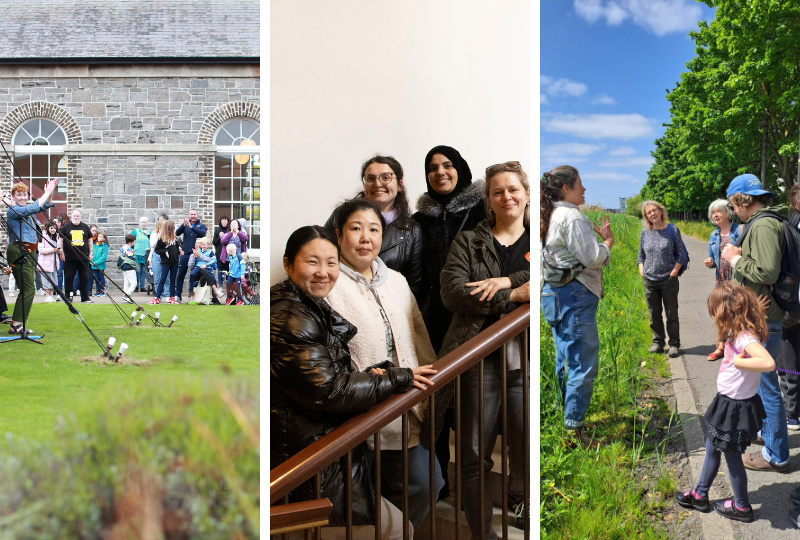 Decorative -- trio of images showing some of the work of the Dublin City Council Culture Company : a fair at Richmond Barracks, a tour of 14 Henrietta Street, a guided biodiversity walking tour of Dublin 8