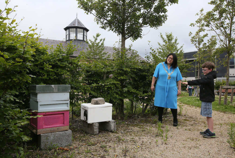 Charlie showing Lord Mayor Hazel Chu the bee hives in Richmond Barracks. Photo: Mark Stedman.