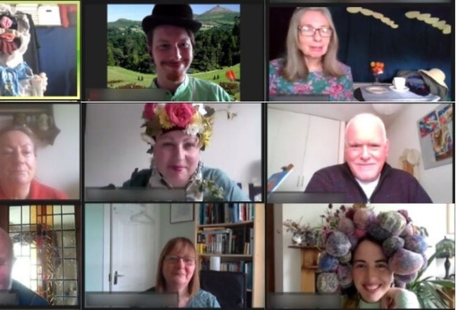 Everyone on Zoom with their artwork