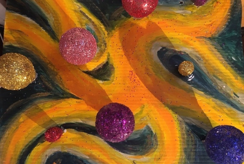 This image is made with recycled materials - lightbulbs and cut up advertising board with acrylic paint and glitter. This piece is meant to suggest what we experienced, what blossomed, what’s budding, and what might come next!