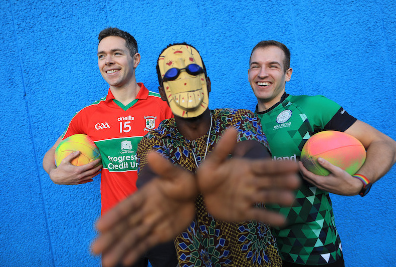 GAA footballer Dean Rock with Artist Chinadum and rugby player Gary at the launch of the Creative Residency in Arts Sports and Wellbeing
