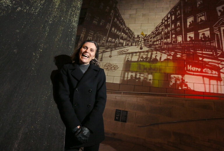 Artist Helen Barry with the Winter Lights artwork at the Civic Offices. Credit: Mark Stedman.