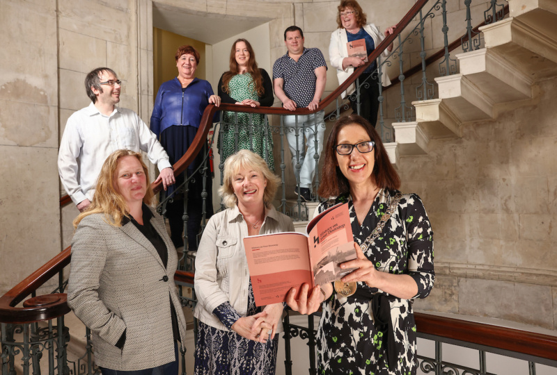 Dublin City Council Historians-in-Residence James Curry, Mary Muldowney, Cormac Moore and Cathy Scuffil and Historian-in-Residence for Children Dervilia Roche joined at the launch of 'History on your Doorstep: Volume 4' by Iseult Byrne, CEO of Dublin City Council Culture Company; Mairead Owens, Dublin City Librarian; and Lord Mayor of Dublin Alison Gilliland. Image by Marc O'Sullivan.