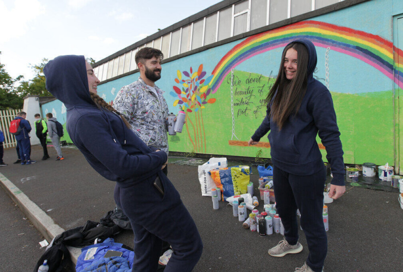 Jorge and students working on the mural