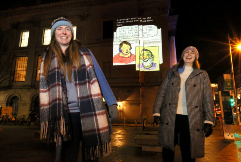Linda Devlin and Bernie Divilly of Dublin City Council Culture Company at City Hall projection of Home Truths. Photo: Mark Stedman.