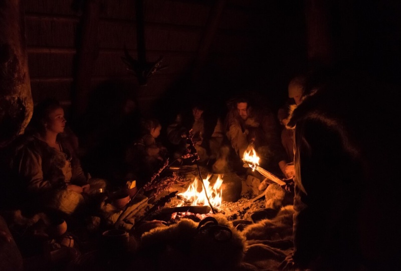 Lucy and a group of friends on a stone age immersion project in Finland last year. They were living in sub zero conditions, wearing handmade clothes and eating wild food. Credit: Tomas Schaefer