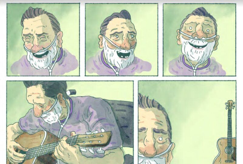 Christy with his guitar. Illustrations by Alan Dunne.