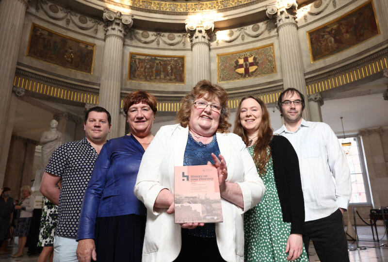 Dublin City Council Historians-in-Residence Cormac Moore, Mary Muldowney, Cathy Scuffil and James Curry with Historian-in-Residence for Children Dervilia Roche joined at the launch of 'History on your Doorstep: Volume 4'. Image by Marc O'Sullivan.